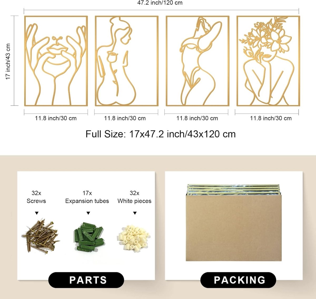 Glamativity 4 Pack Gold Wall Art Decor, Minimalist Single Line Real Metal Wall Art, Womans Body Shape Abstract Wall Art (Gold Classic Style, 17 x 11.8) - Homesidy.com