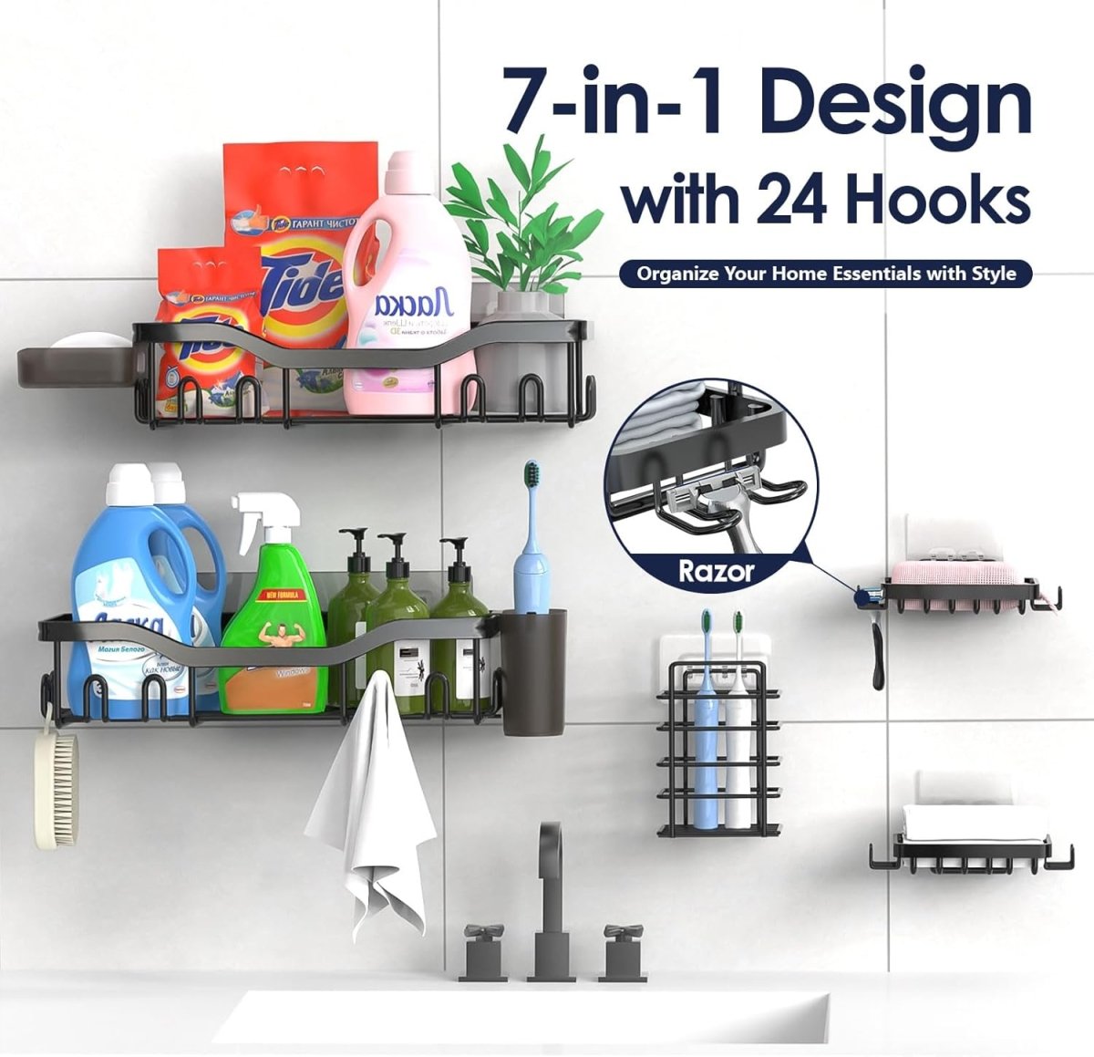 NESOMI Shower Caddy Adhesive Shower Organizer 7 - Pack, Rustproof Stainless Steel Bathroom Shelves, Large Capacity No - Drill Rack Storage Accessories with Soap Dish Toothbrush Holder &amp;24 Hooks Home Decor - Homesidy.com