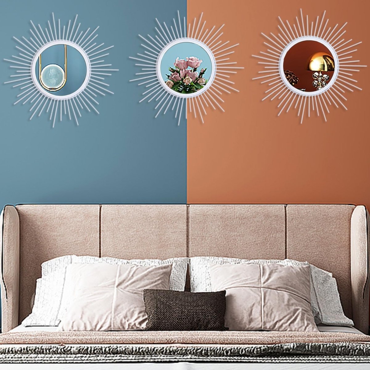 3 Pack Metal Mirrors for Wall Sunburst Wall Mirrors Home Décor Decorative Hanging Wall Art for Living Room Bedroom Entryway (Gold, Flower Sunburst) - Homesidy.com