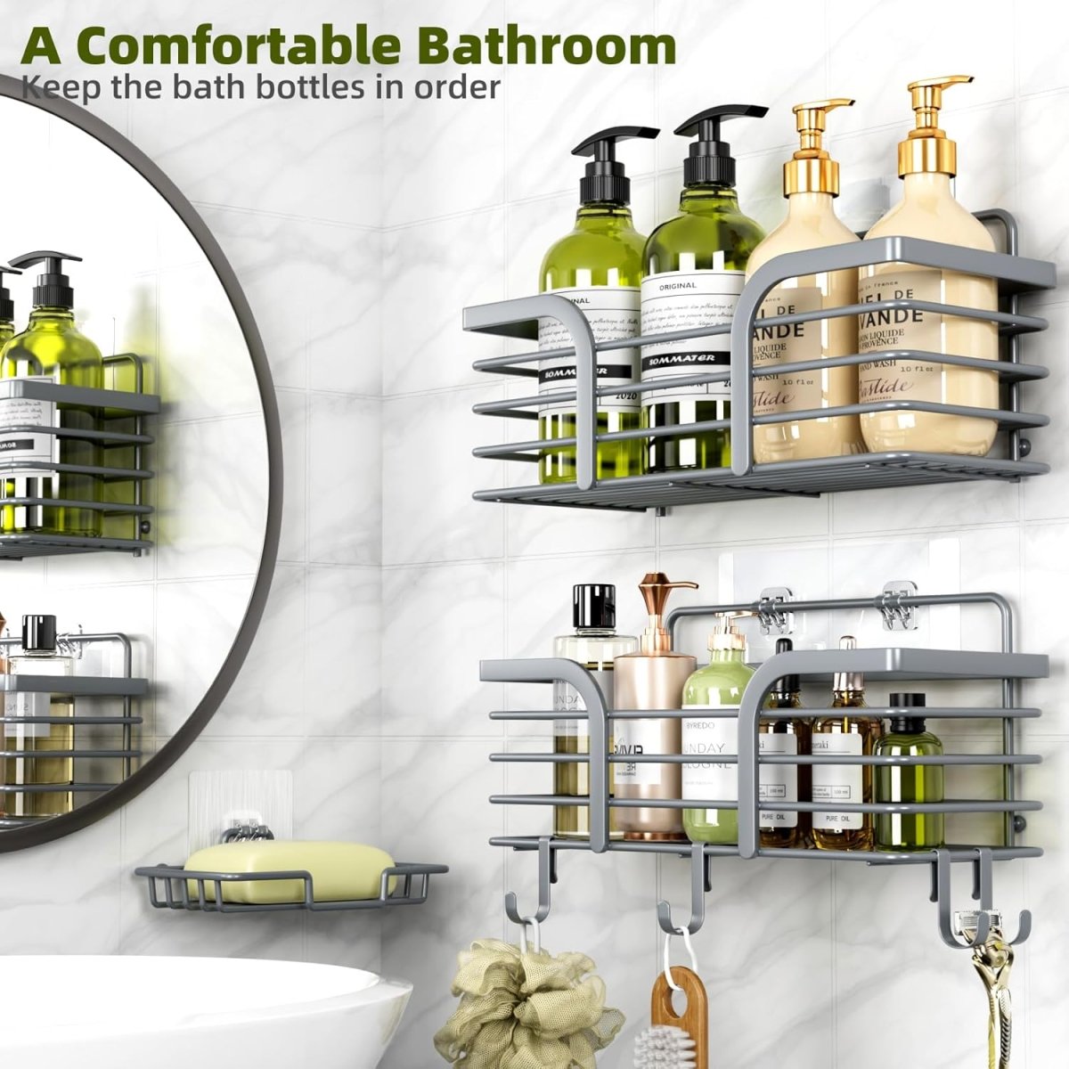 Shower Caddy, Adhesive Shower Organizer with Soap Dish and 4 Hooks, Rustproof Stainless Steel Shower Shelves, Wall Mounted No Drilling Storage Shelf Basket Accessories for Bathroom &amp; Kitchen - Homesidy.com