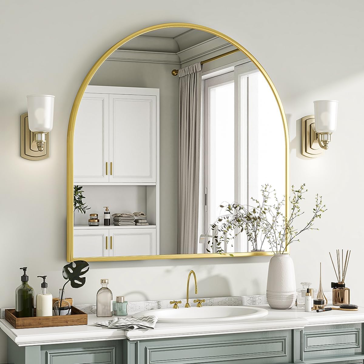 VooBang Arched Wall Mirror, 30 x 38 inch Arch Bathroom Mirror, Wall Mounted Vanity Mirror with Arch Metal Frame, Modern Bathroom Vanity Mirror for Bedroom, Living Room, Hanging or Leaning, Black - Homesidy.com