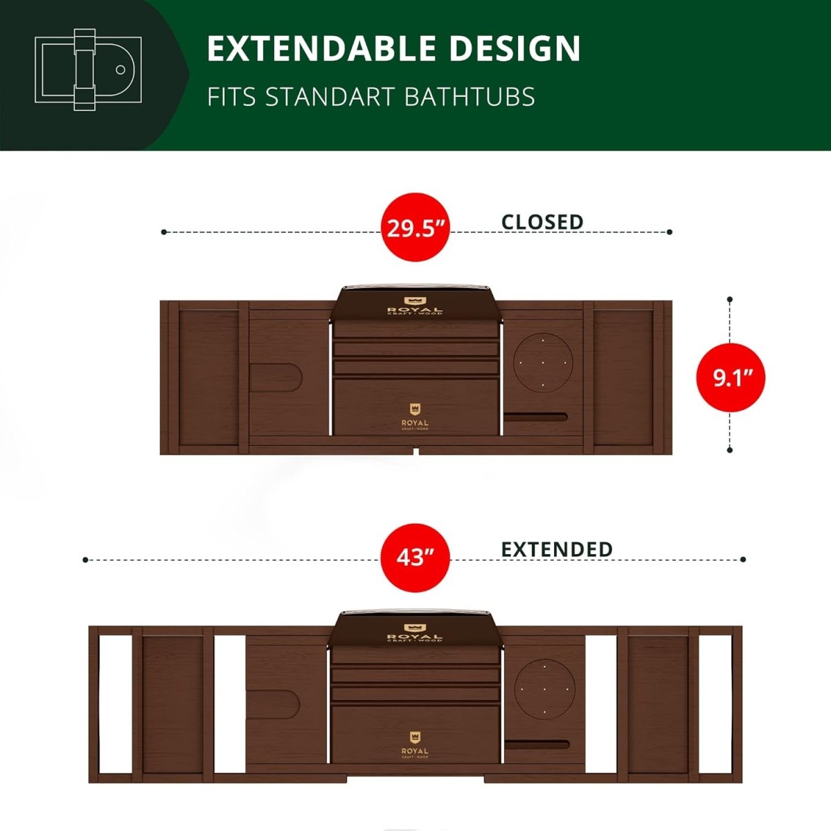 ROYAL CRAFT WOOD Bathtub Tray Caddy for Tub, Bamboo Bath Shelf, Premium Foldable Wood Bath Table, Expandable Bathtub &amp; Bathroom Accessories, New Home Gifts for Mom, Housewarming, Anniversary, Wedding - Homesidy.com