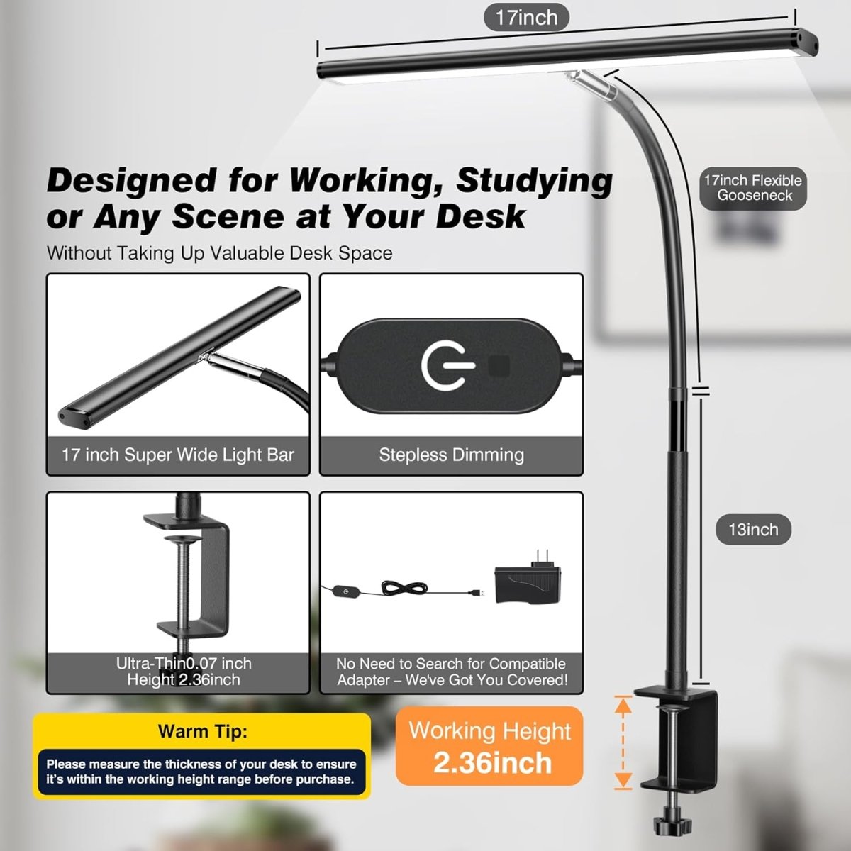 Airlonv LED Desk Lamp for Office Home, Eye - Caring Desk Light with Stepless Dimming Adjustable Flexible Gooseneck, 10W USB Adapter Desk Lamp with Clamp for Reading, Study, Workbench (Black) - Homesidy.com