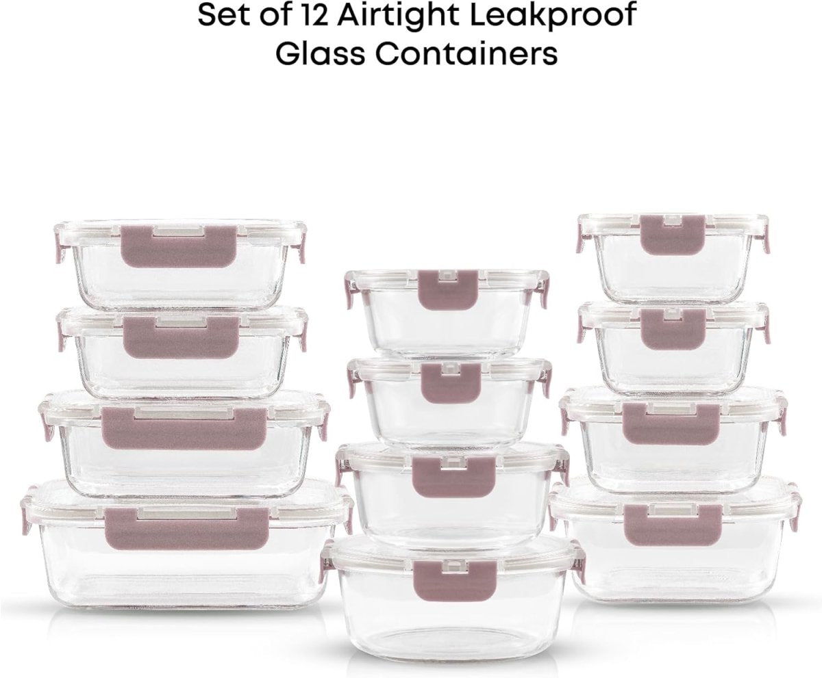 JoyJolt 24pc Borosilicate Glass Storage Containers with Lids | 12 Airtight/Freezer Safe Food Storage Containers for Pantry and Kitchen | Meal Prep Container for Lunch | Glass Tupperware Set - Homesidy.com