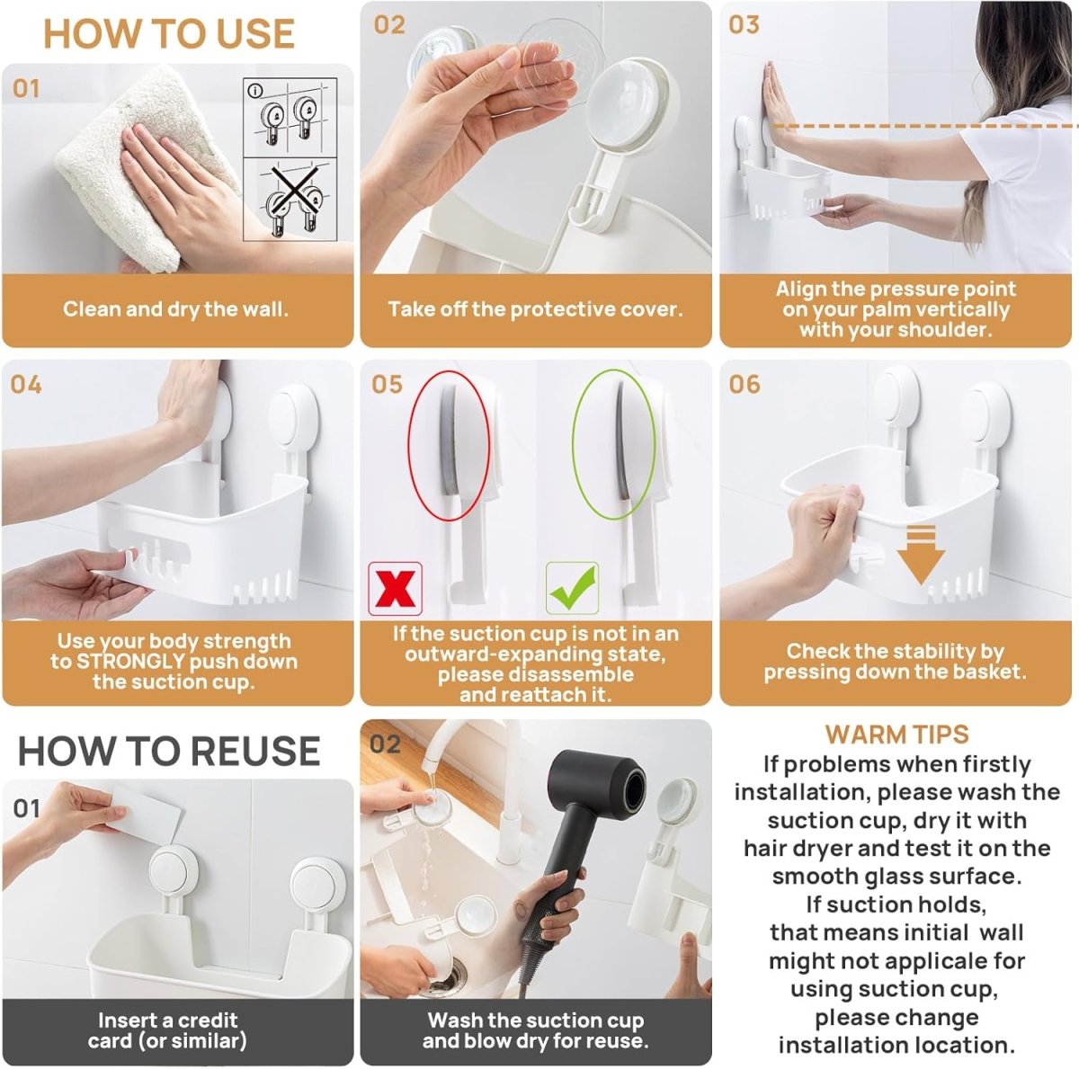 LEVERLOC Shower Caddy Suction Cup, Shower Organizer Removable Bathroom Shelf, Storage Suction Powerful Max Hold 22lbs Bathroom Caddy Waterproof Holder, White - Homesidy.com