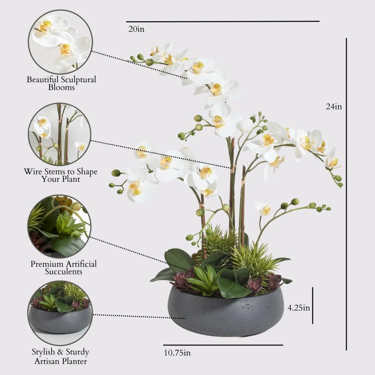 CG Hunter Faux White Orchid Plant, Premium Artificial Indoor Flower Display Stands 25 - Inches with Beautiful Sculptural Blooms and Foliage That Lasts Forever, Grey Planter Pot Included - Homesidy.com