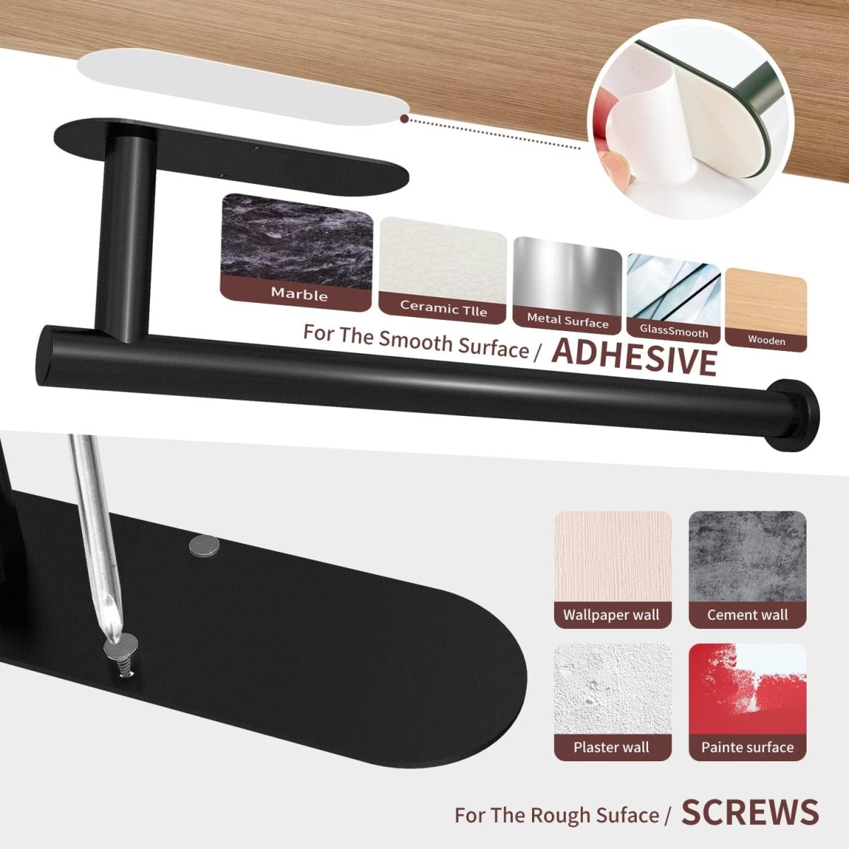 DEKAVA Paper Towel Holder Under Cabinet Wall Mount for Kitchen Towel, Self - Adhesive Bar, Rack, SUS304 Stainless Steel 13 inch (BlackA, 1) - Homesidy.com