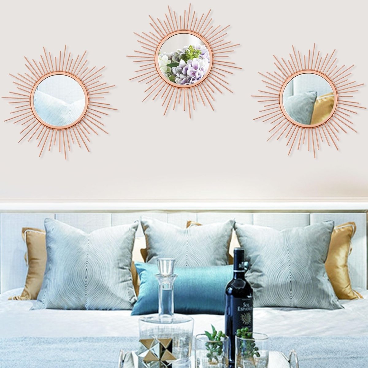 3 Pack Metal Mirrors for Wall Sunburst Wall Mirrors Home Décor Decorative Hanging Wall Art for Living Room Bedroom Entryway (Gold, Flower Sunburst) - Homesidy.com