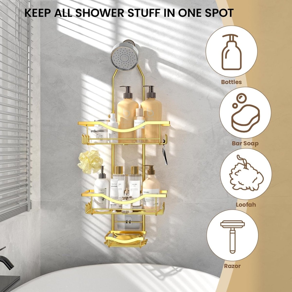 Shower Caddy Hanging Adjustable Shower Caddy, Rustproof Shower Organizer Extended Length Shower Caddy Over Shower Head with Hooks Soap Holder, Large Capacity Anti - Swing Bathroom Organizer, Black - Homesidy.com