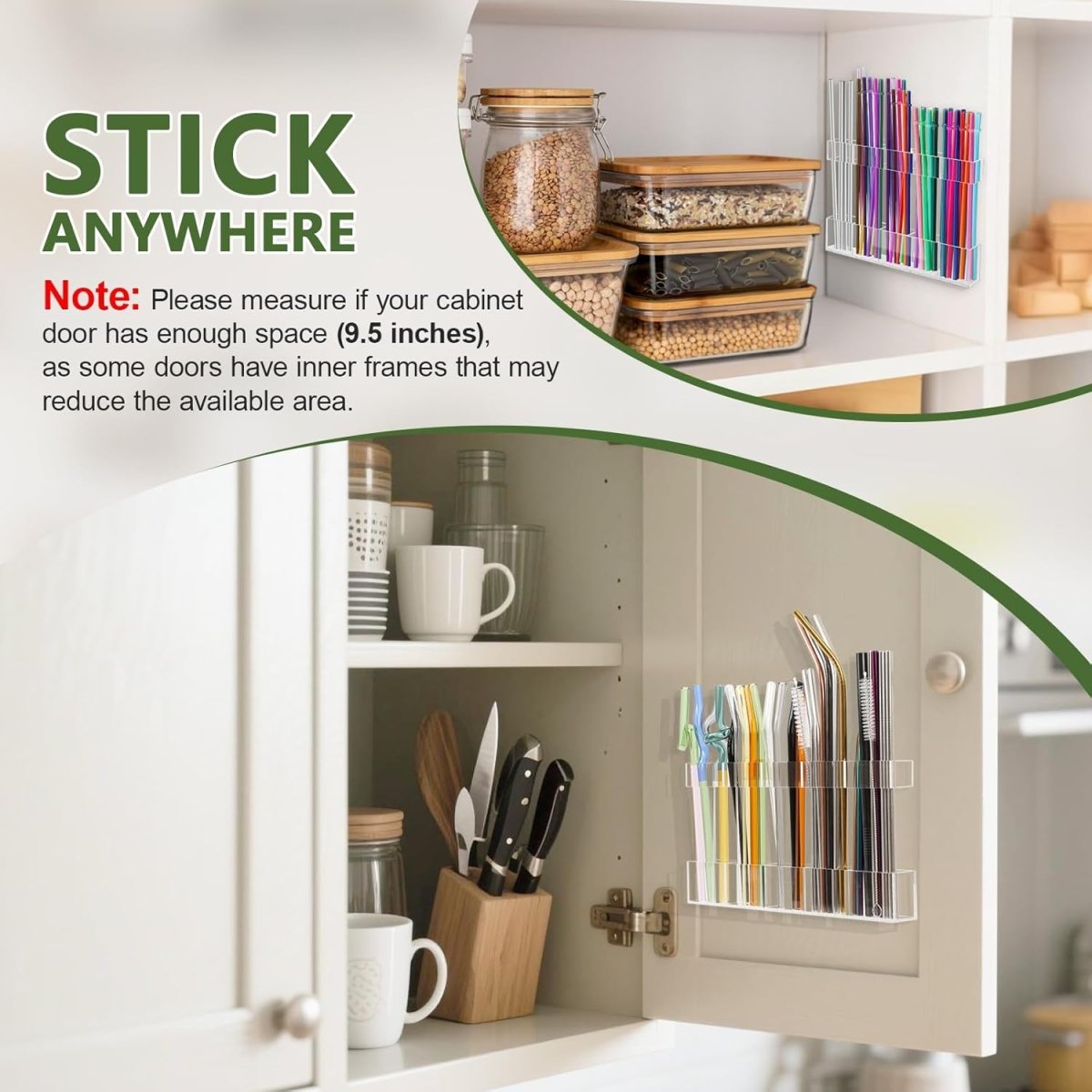 Malldii 9.5” Large Acrylic Straw Holder for Cabinet Door - Reusable Tumbler Straw Organizer Storage, Small Kitchen Accessories Container, Ultra Sticky Cupboard Door Mounted (Transparent) - Homesidy.com