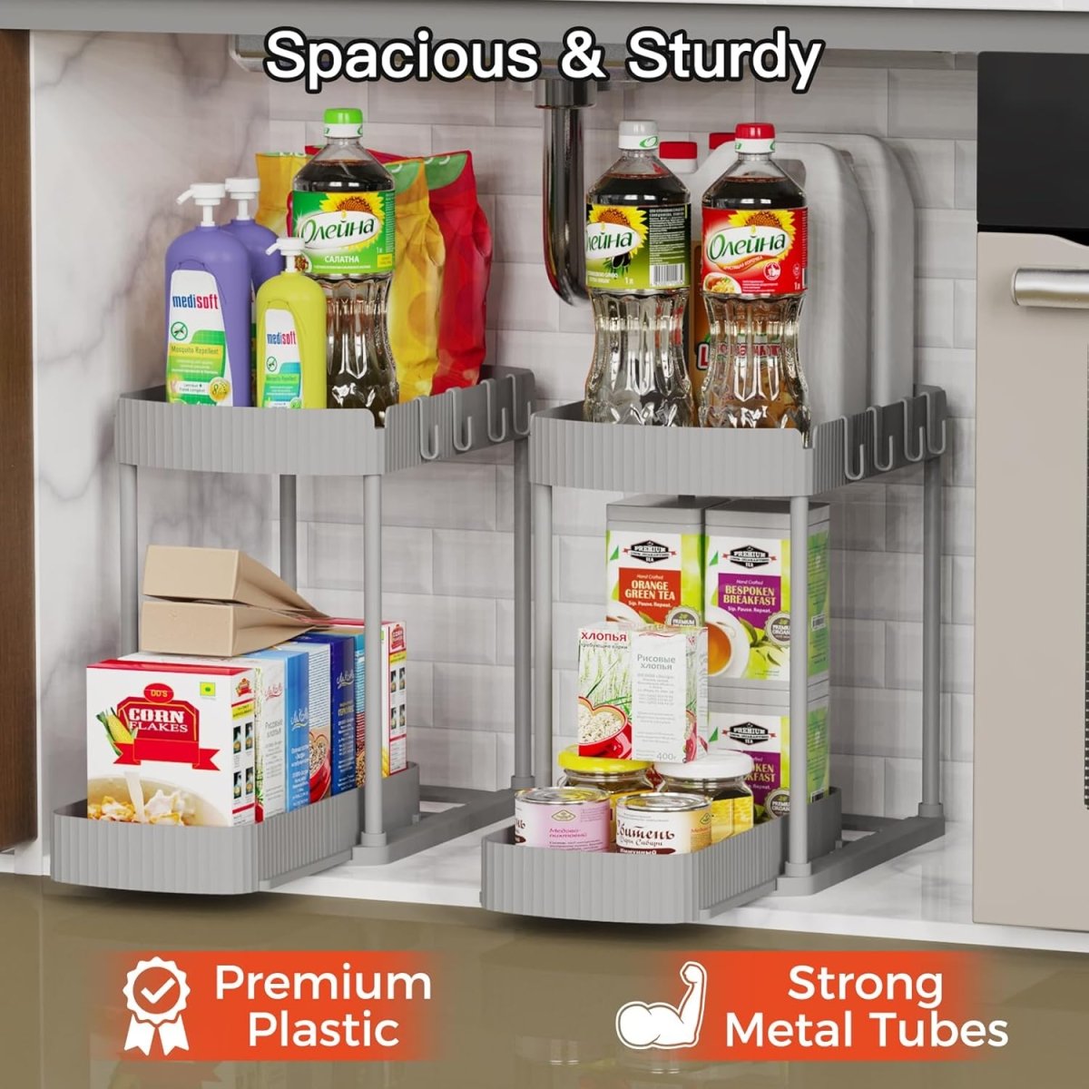 Ukeetap Multi - Purpose Pull - Out Storage Organizers, Under Sink/Cabinet Organizers and Storage for Bathroom &amp; Kitchen, Black, 12.8 Inches, 2 Packs - Homesidy.com