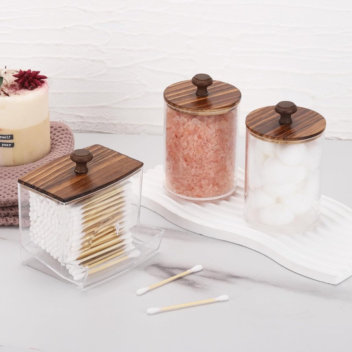 Tbestmax Qtips Holder Bathroom Container, 10 OZ Cotton Ball/Swabs Dispenser, Apothecary Jar Organizer for Storage Brown Wood Lids - Homesidy.com