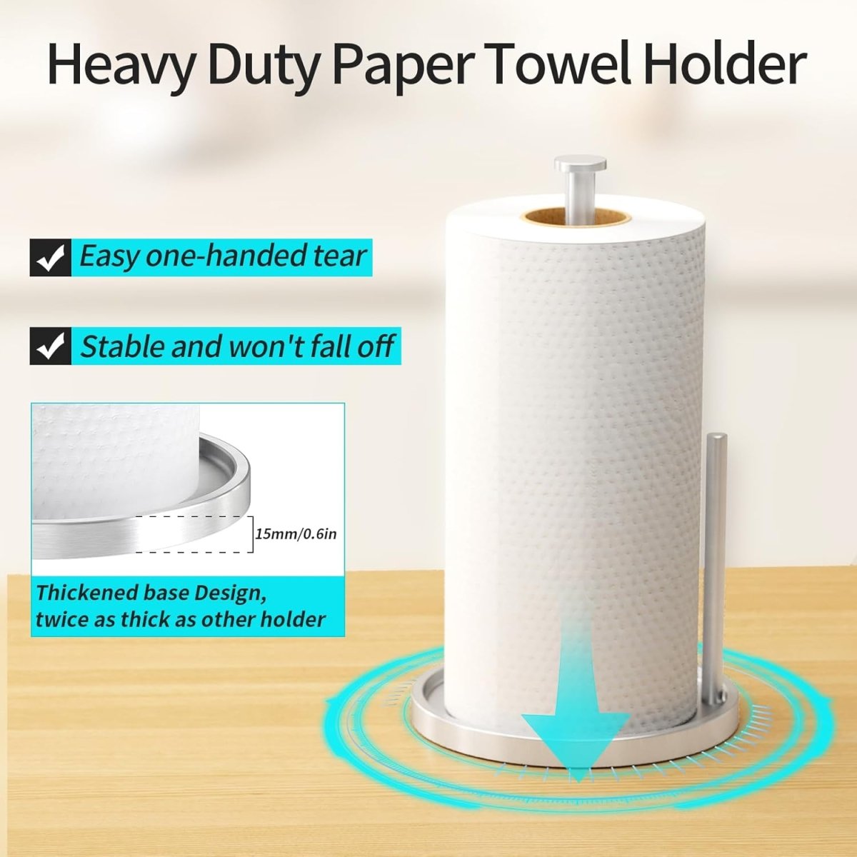 Paper Towel Holder Countertop, Standing Paper Roll Holder with Anti Slip Weighted Base, Stainless Steel Freestanding Paper Towel Holder for Kitchen, Black - Homesidy.com