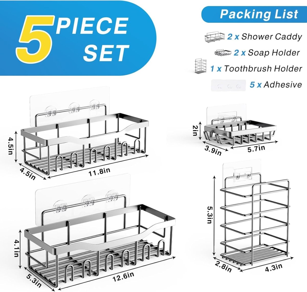 EUDELE Adhesive Shower Caddy, 5 Pack Rustproof Stainless Steel Bath Organizers With Large Capacity, No Drilling Shelves for Bathroom Storage &amp; Home Decor - Homesidy.com