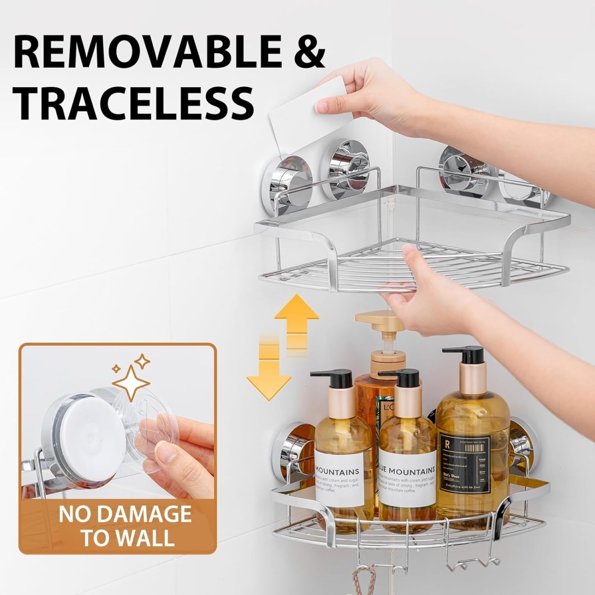LEVERLOC Corner - adaptive Suction Cup Shower Caddies 2 Pack, Stainless Steel Rustproof Corner Shower Shelf, Large Capacity Removable Suction Cup Bathroom Organizer, Drill - Free Wall Mounted Basket, Gray - Homesidy.com