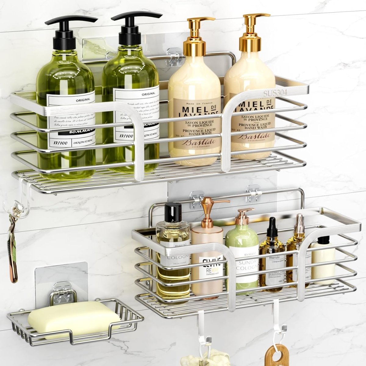 Shower Caddy, Adhesive Shower Organizer with Soap Dish and 4 Hooks, Rustproof Stainless Steel Shower Shelves, Wall Mounted No Drilling Storage Shelf Basket Accessories for Bathroom &amp; Kitchen - Homesidy.com