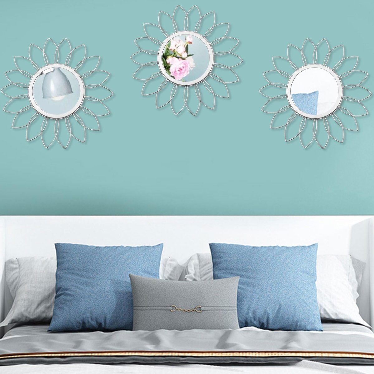 3 Pack Metal Mirrors for Wall Sunburst Wall Mirrors Home Décor Decorative Hanging Wall Art for Living Room Bedroom Entryway (Gold, Flower Sunburst) - Homesidy.com