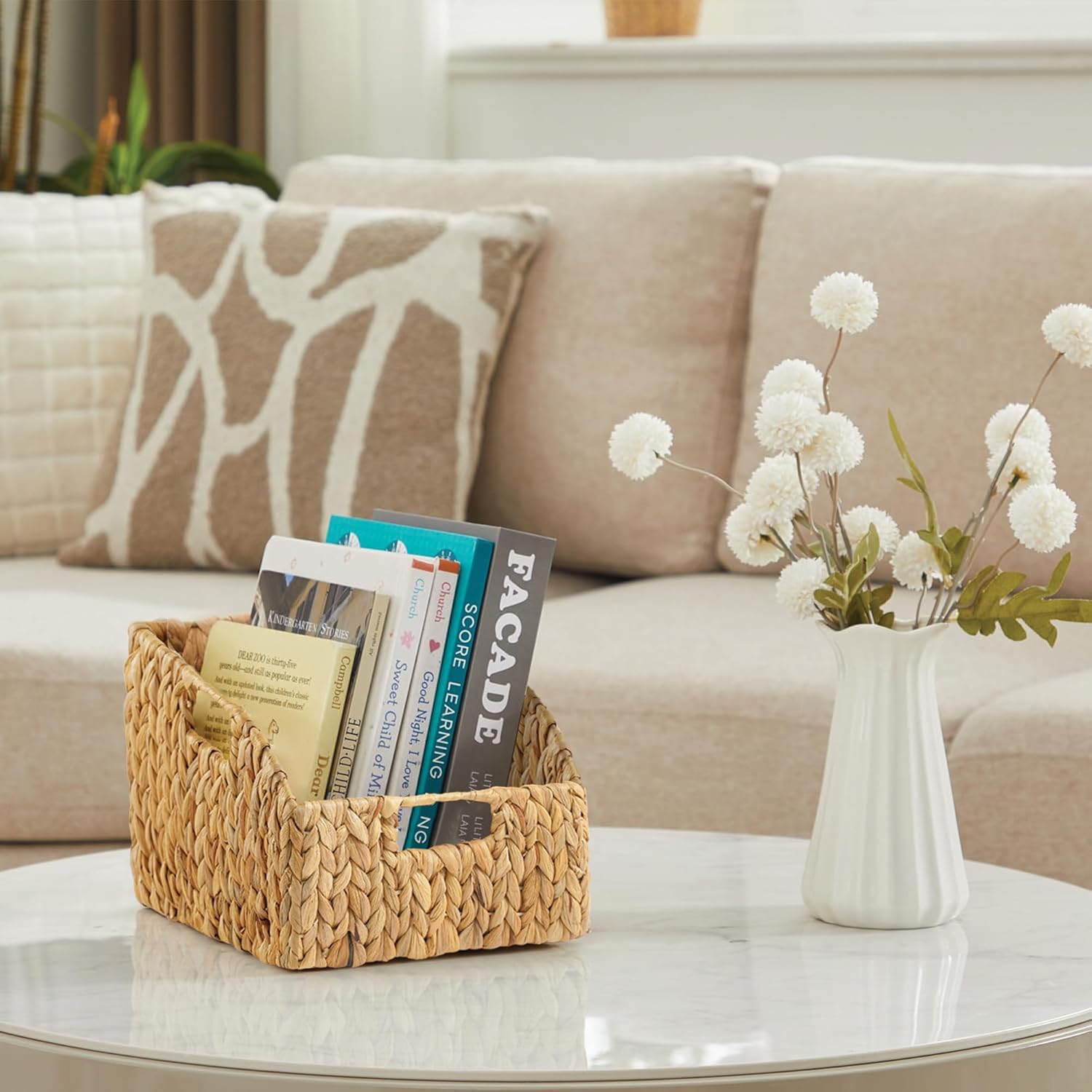 Greenatural Water Hyacinth Storage Baskets Set of 2, Handwoven Rectangular Organizer Trays with Wooden Bead Handles, Nested Wicker Bins for Shelf, Bathroom, Kitchen, Office, Natural Decor - Homesidy.com