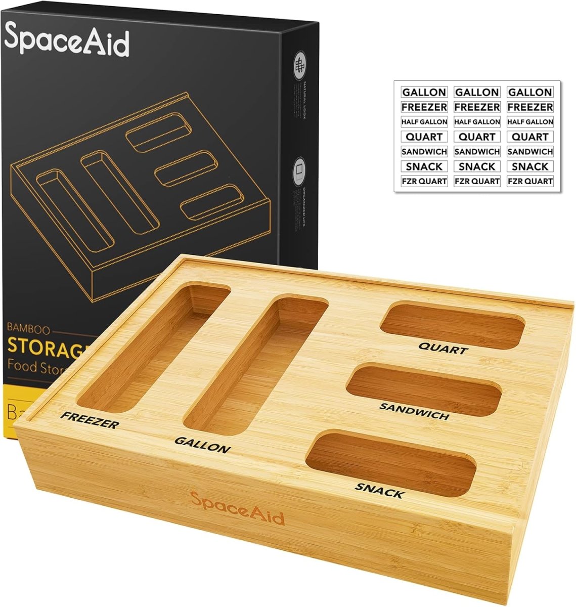 SpaceAid Bag Storage Organizer for Kitchen Drawer, Bamboo Organizer, Compatible with Gallon, Quart, Sandwich and Snack Variety Size Bag (1 Box 4 Slots) - Homesidy.com