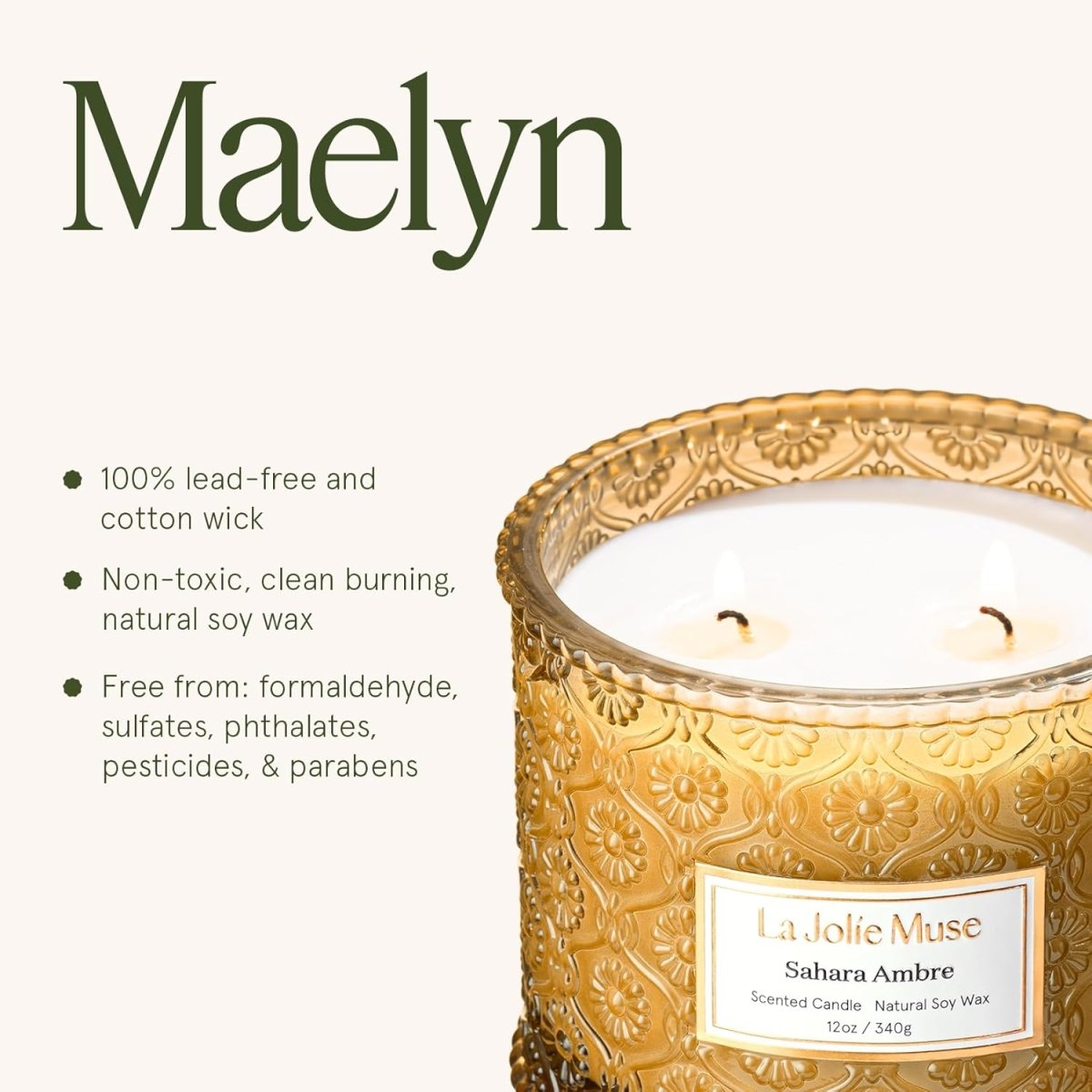 LA JOLIE MUSE Sahara Amber Candle – Bergamot, Clove &amp; Amber | 12 oz Large 2 - Wick Soy Wax Candle | 60 Hours Clean Burn | Gift - Ready for Hosts &amp; Gatherings | Elegant Home Décor - Homesidy.com