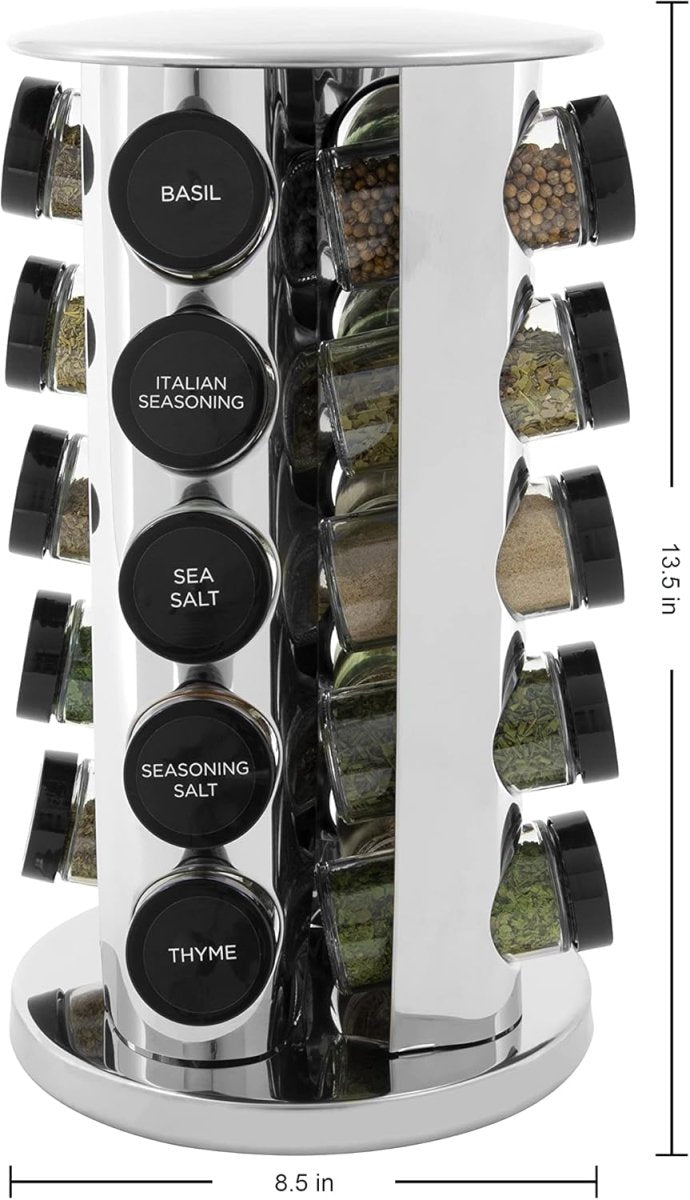Kamenstein 20 Jar Revolving Countertop Spice Rack with Spices Included, FREE Spice Refills for 5 Years, Polished Stainless Steel with Black Caps, 30020 - Homesidy.com