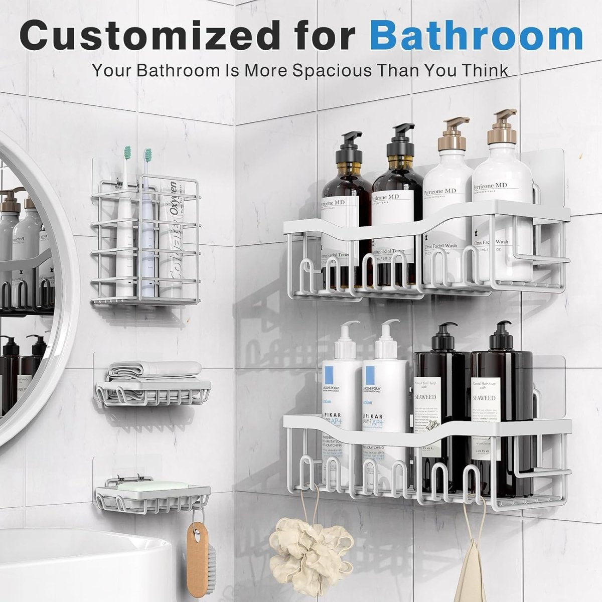 EUDELE Adhesive Shower Caddy, 5 Pack Rustproof Stainless Steel Bath Organizers With Large Capacity, No Drilling Shelves for Bathroom Storage &amp; Home Decor - Homesidy.com