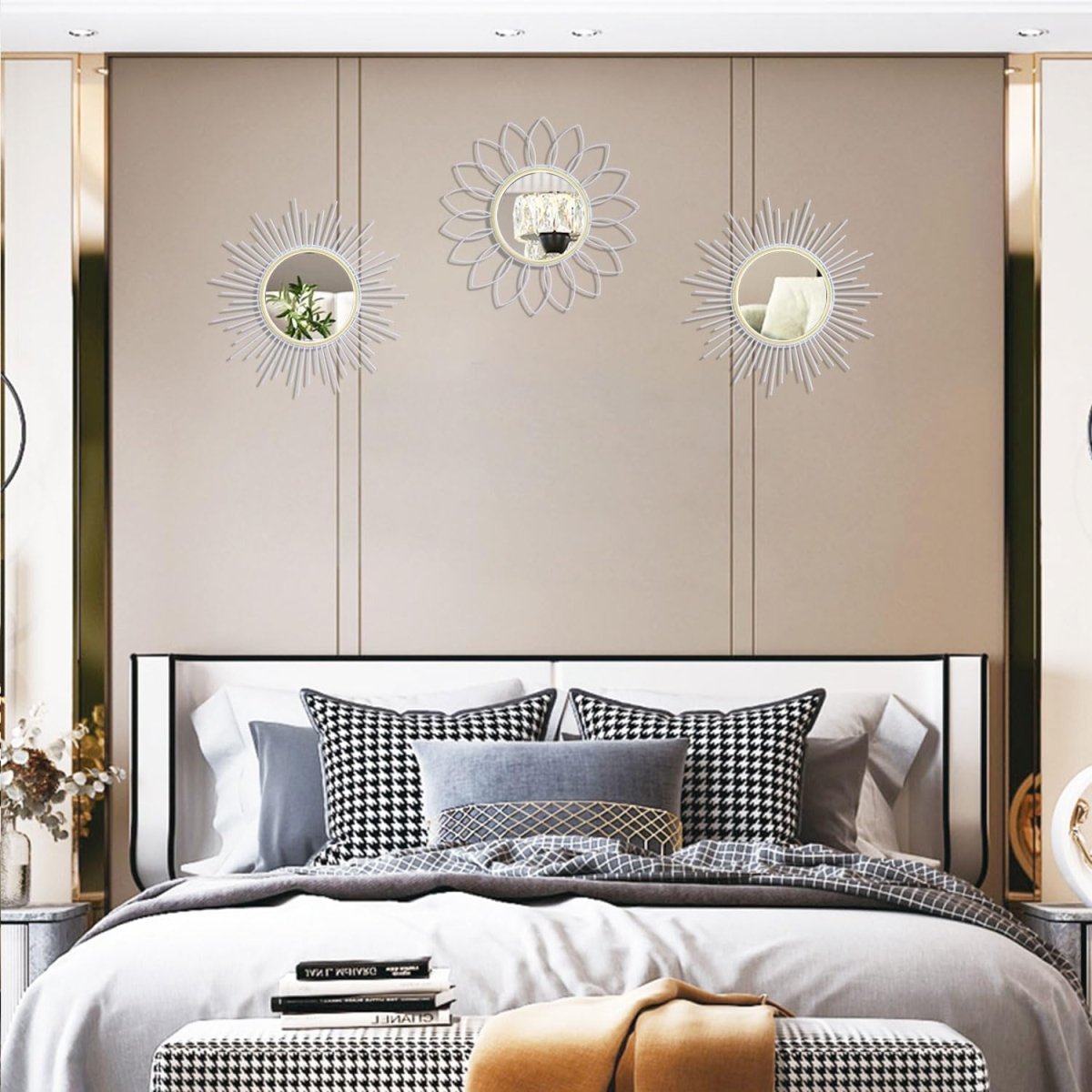 3 Pack Metal Mirrors for Wall Sunburst Wall Mirrors Home Décor Decorative Hanging Wall Art for Living Room Bedroom Entryway (Gold, Flower Sunburst) - Homesidy.com