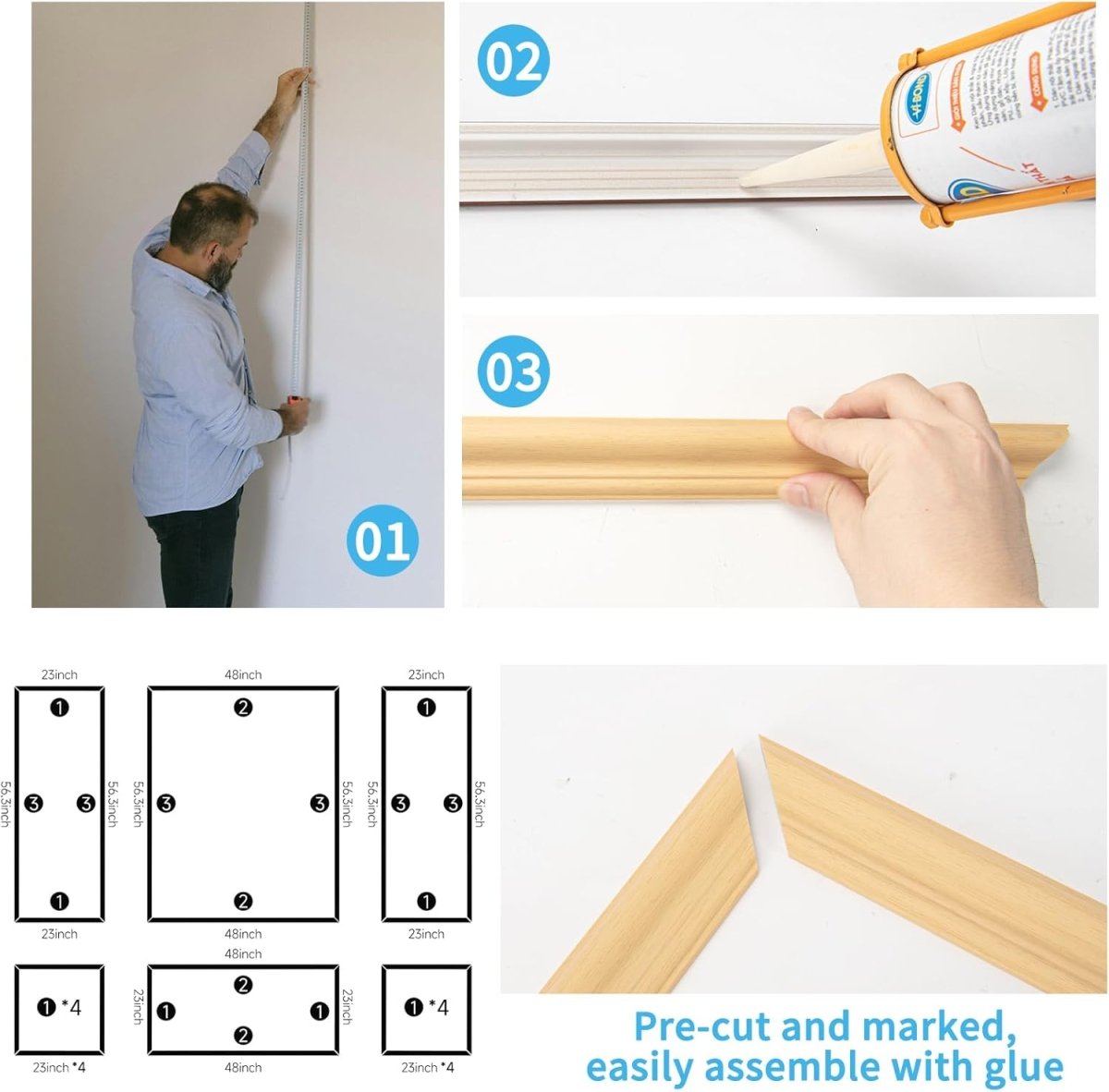 Art3d Pre - Cut Wall Molding Set of 6 pcs, Ready - to - Assemble Wainscoting Panels for Interior Wall Décor Living Room Bedroom Accent Wall - Installed with Glue, 3 Top 3 Bottom - Homesidy.com