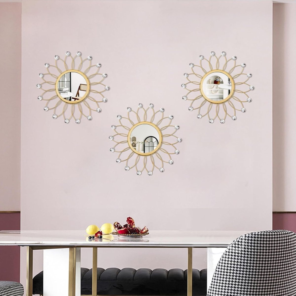3 Pack Metal Mirrors for Wall Sunburst Wall Mirrors Home Décor Decorative Hanging Wall Art for Living Room Bedroom Entryway (Gold, Flower Sunburst) - Homesidy.com