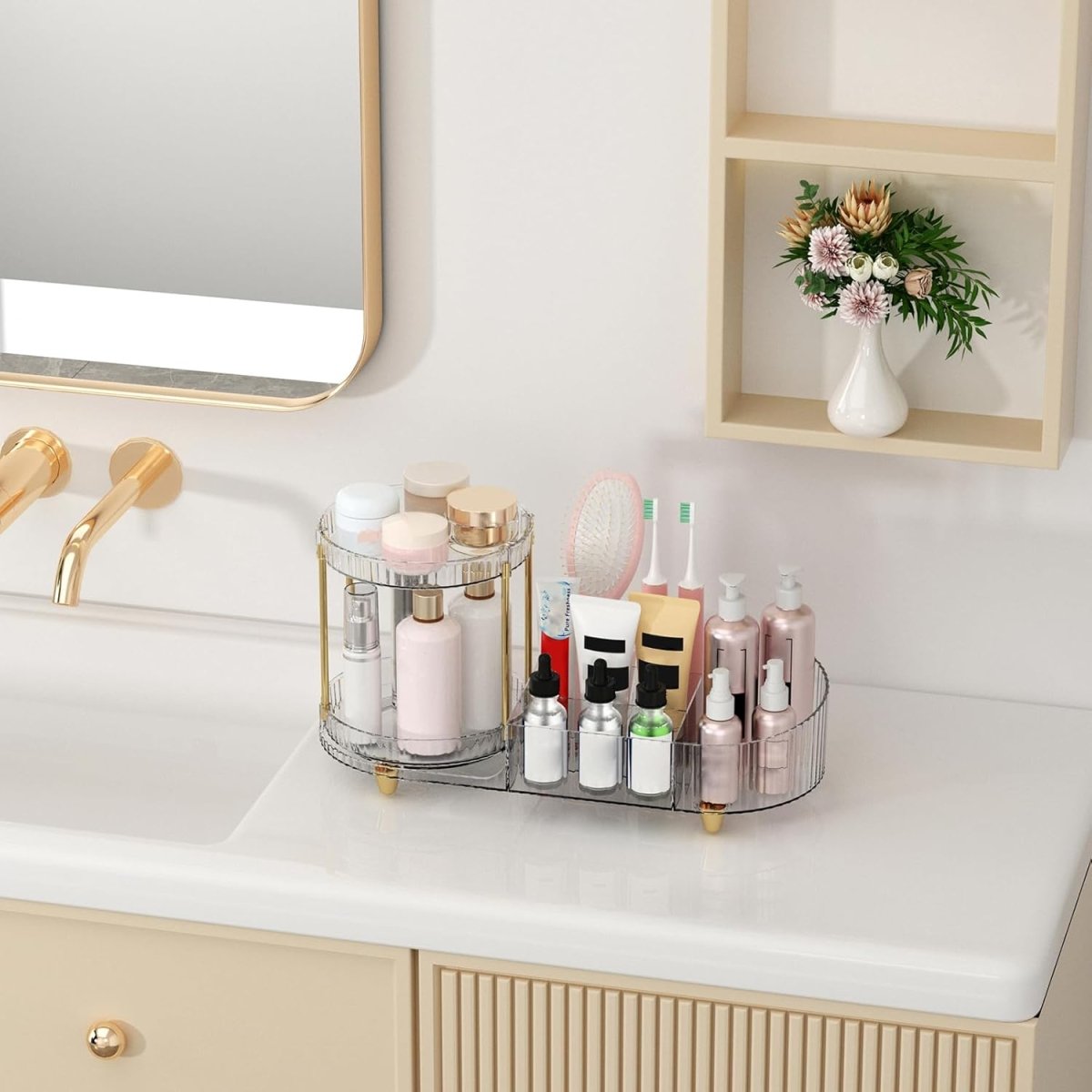 Makeup Organizer Countertop for Vanity, Rotating Perfume Tray with 5 - compartment Cosmetic and Skincare Organizers, Multi - Purpose Desk Storage Makeup Brush Holder for Bathroom Bedroom Counter - Homesidy.com