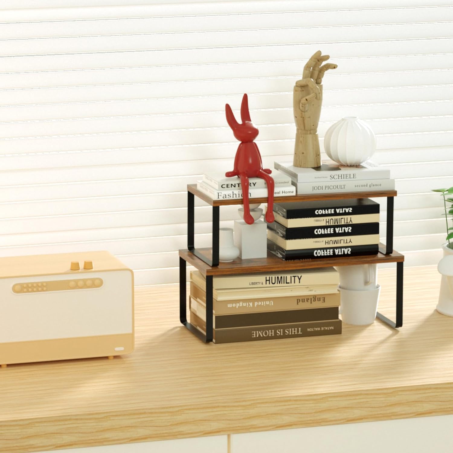 NEX Bamboo Kitchen Cabinet and Counter Shelf Organizer, Stackable &amp; Expandable, Set of 4, White and Natural - Homesidy.com