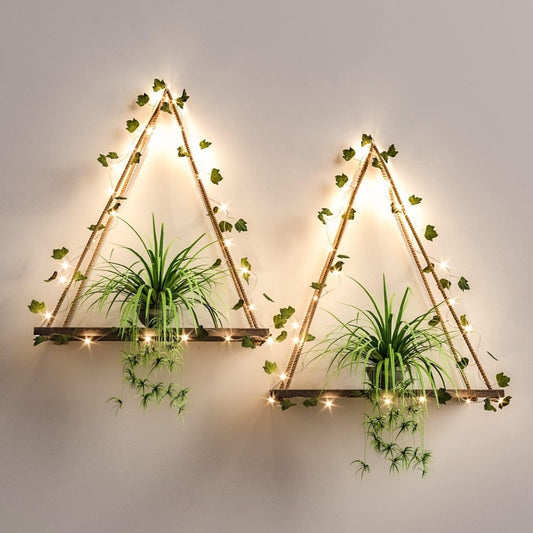 RICHER HOUSE Artificial Ivy LED - Strip Wall Hanging Shelves Set of 2, Macrame Shelf for Bedroom Living Room Kitchen, Wood Hanging Plant Shelves for Wall Décor, Thanksgiving &amp; Christmas Decorations - Homesidy.com