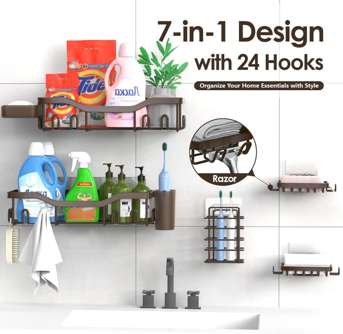 NESOMI Shower Caddy Adhesive Shower Organizer 7 - Pack, Rustproof Stainless Steel Bathroom Shelves, Large Capacity No - Drill Rack Storage Accessories with Soap Dish Toothbrush Holder &amp;24 Hooks Home Decor - Homesidy.com