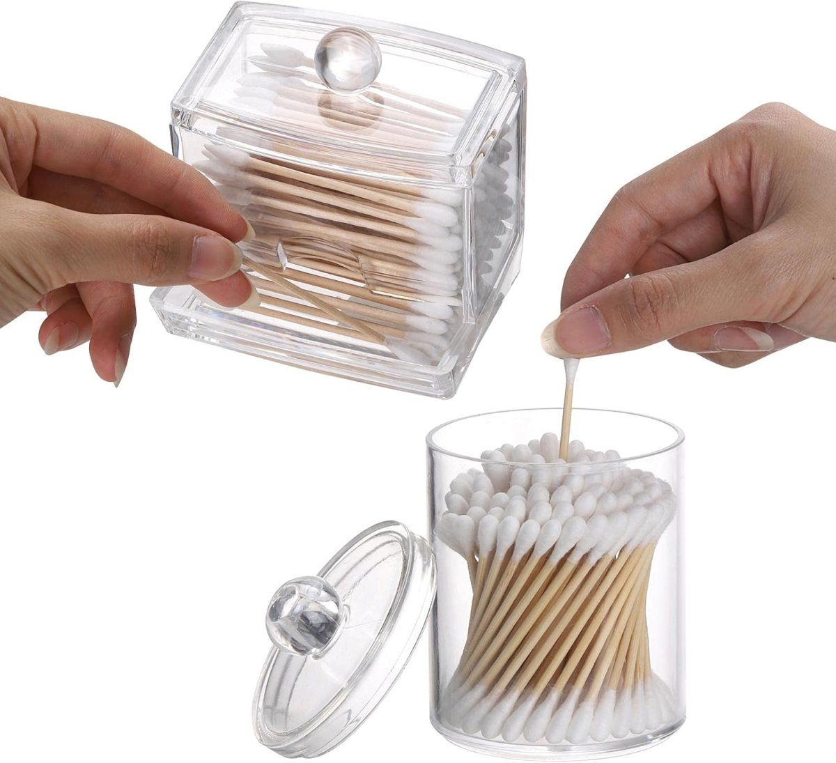 Tbestmax Qtips Holder Bathroom Container, 10 OZ Cotton Ball/Swabs Dispenser, Apothecary Jar Organizer for Storage Brown Wood Lids - Homesidy.com