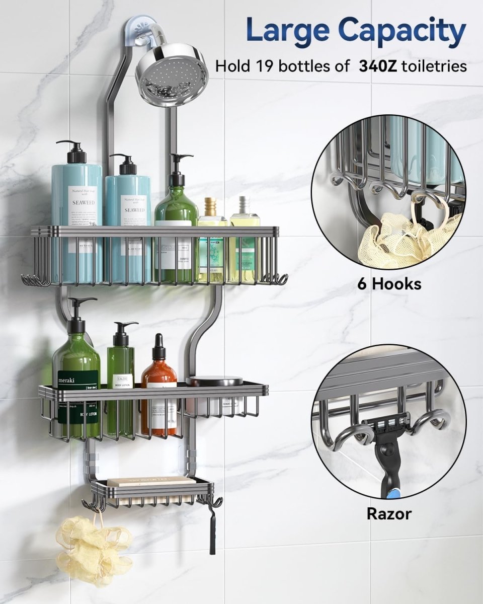 YASONIC Shower Caddy Hanging - Never Rust Shower Organizer - Aluminum Over The Head Caddy with 10 Hooks for Razor/Sponge - Rack with Soap Basket - Silver - Homesidy.com