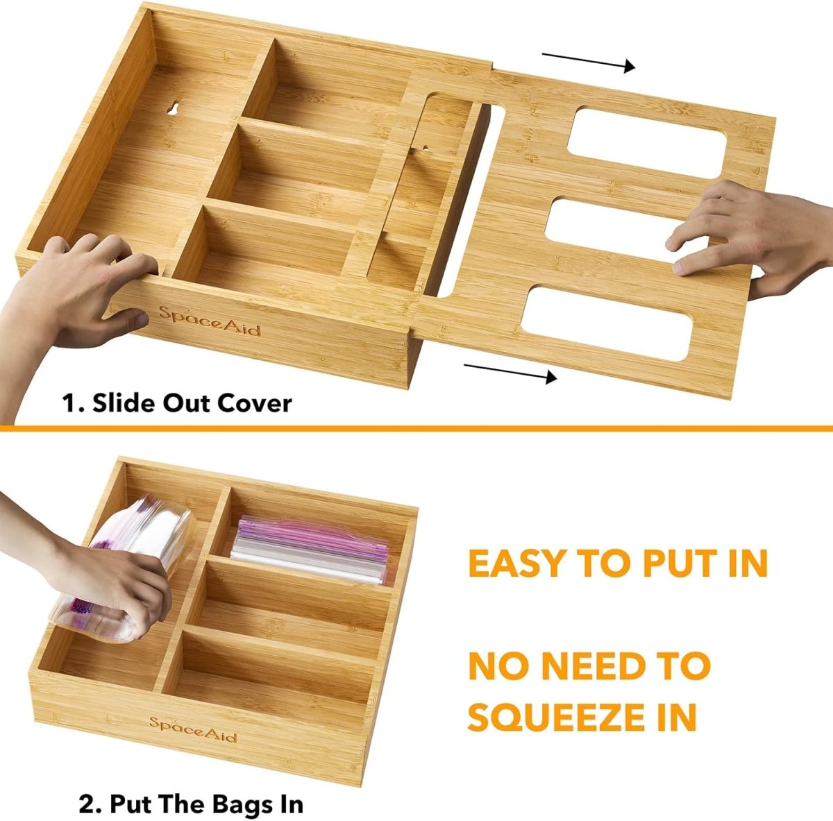 SpaceAid Bag Storage Organizer for Kitchen Drawer, Bamboo Organizer, Compatible with Gallon, Quart, Sandwich and Snack Variety Size Bag (1 Box 4 Slots) - Homesidy.com
