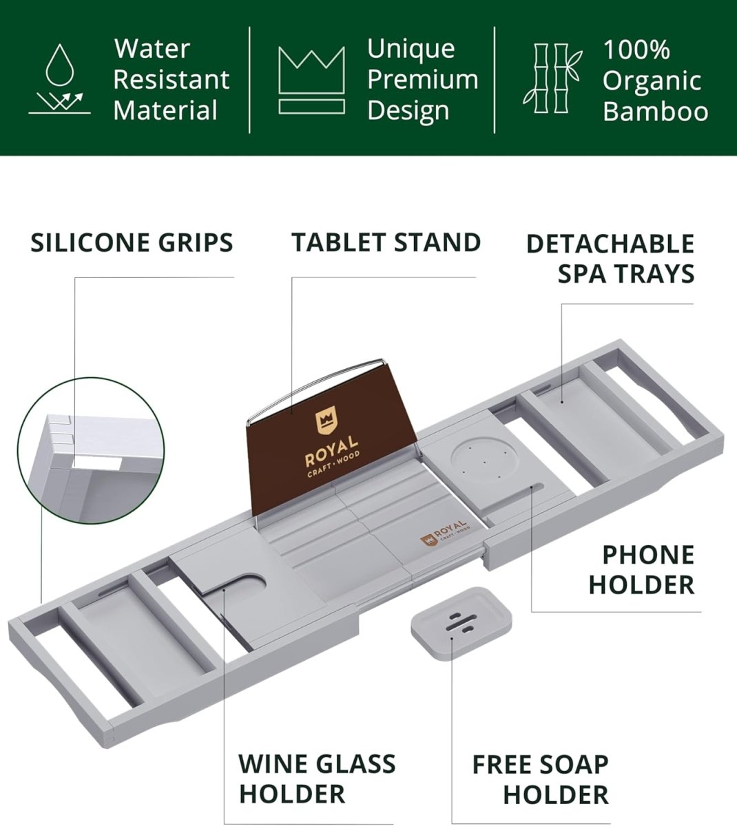 ROYAL CRAFT WOOD Bathtub Tray Caddy for Tub, Bamboo Bath Shelf, Premium Foldable Wood Bath Table, Expandable Bathtub &amp; Bathroom Accessories, New Home Gifts for Mom, Housewarming, Anniversary, Wedding - Homesidy.com