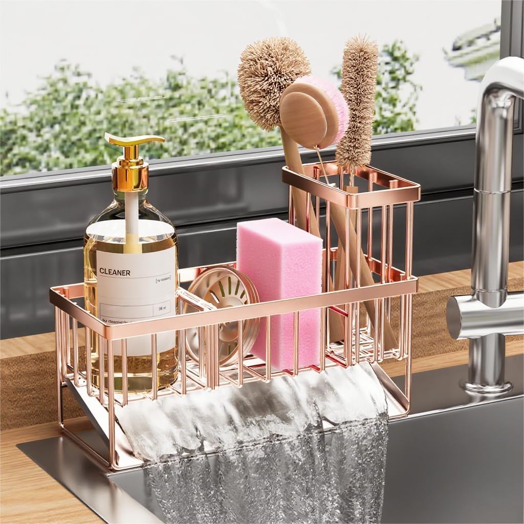 Cisily Kitchen Sink Caddy Organzier with High Brush Holder, Sponge Holder for Sink, 304 Rustproof Stainless, Kitchen Countertop Soap Dispenser Organizer, Kitchen Decor and Accessories - Homesidy.com