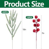 Watayo 60 Pcs Christmas Artificial Pine Branches with Red Berry Stems, 10.5&34; Faux Evergreen Norfolk Pine Cypress Leaves Stems, Fake Foliage Pine Needles Picks for DIY Craft Garland Home Decor - Homesidy.com