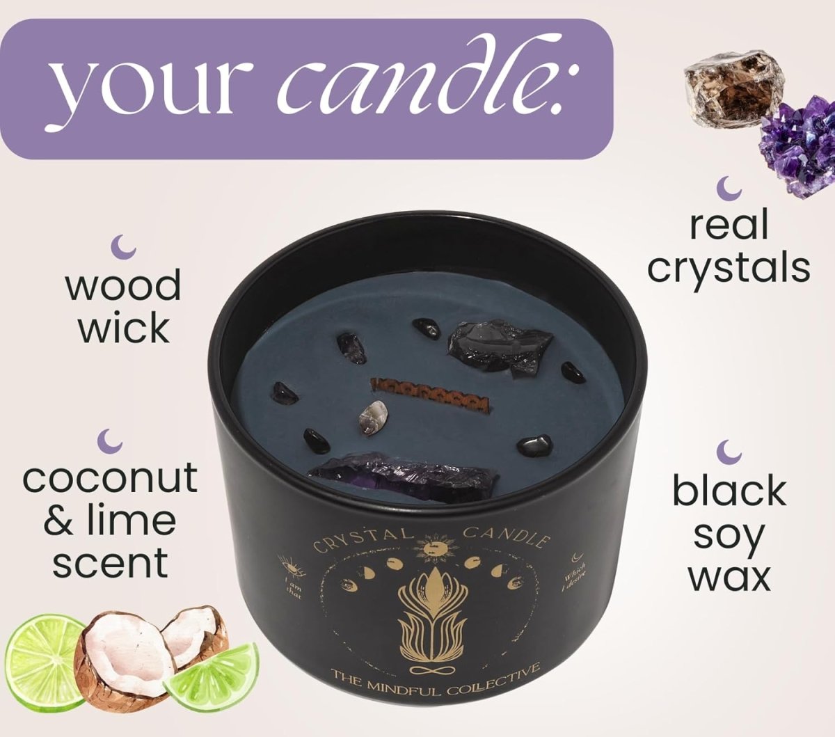 Black Crystal Candle for Women - 12oz Wood Wick Candle That Crackles with Natural Soy Wax. Luxurious Slow Burn, for Meditation. Includes Amethyst &amp; Smokey Quartz Crystals - Homesidy.com