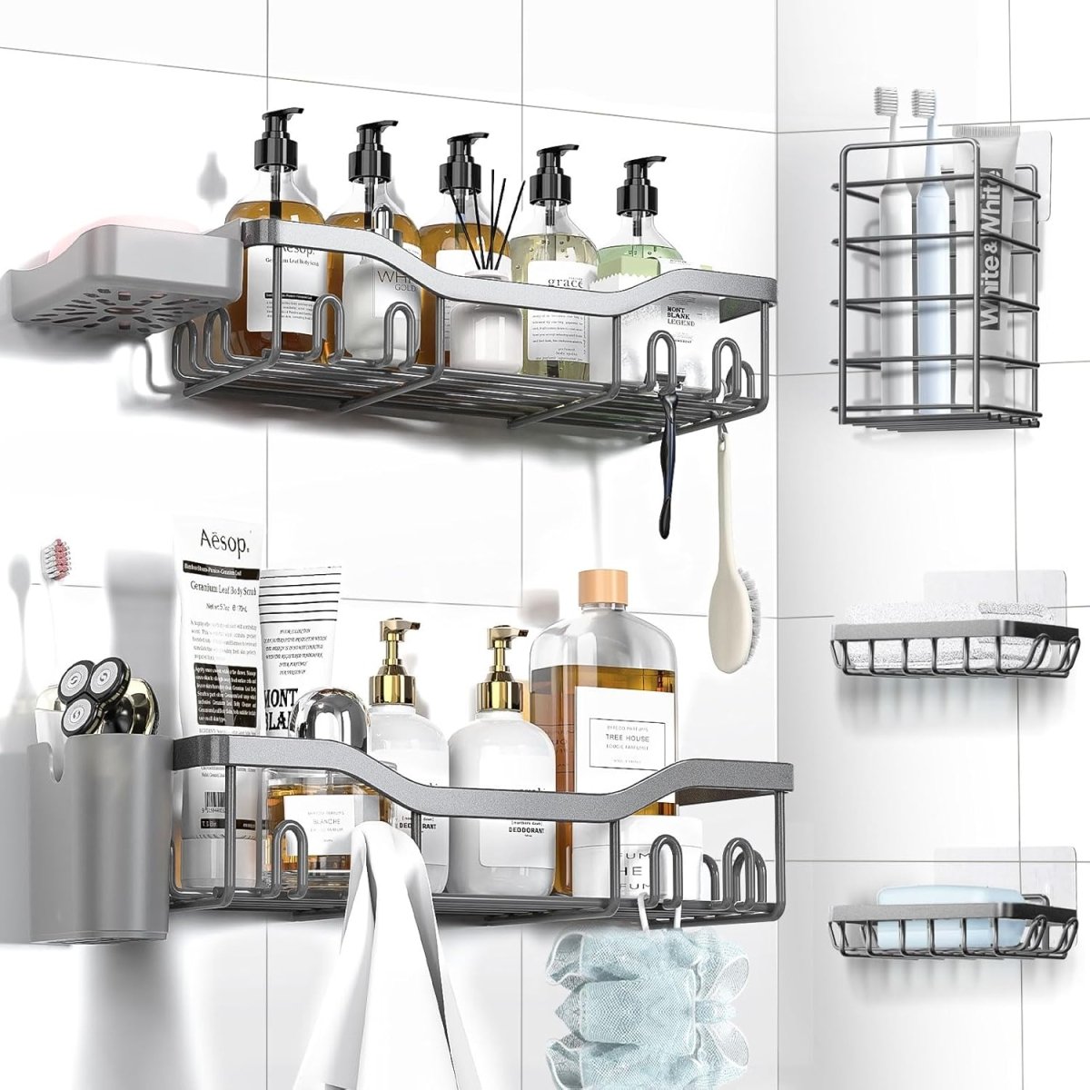 NESOMI Shower Caddy Adhesive Shower Organizer 7 - Pack, Rustproof Stainless Steel Bathroom Shelves, Large Capacity No - Drill Rack Storage Accessories with Soap Dish Toothbrush Holder &amp;24 Hooks Home Decor - Homesidy.com