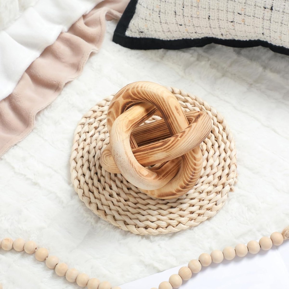 Yalikop 3 Link Wood Knot Decor - Hand Carved Coffee Table Decoration, Boho Chain Link Decor, Modern Shelf, Rustic Objects for Home Living Room Bedroom(White) - Homesidy.com