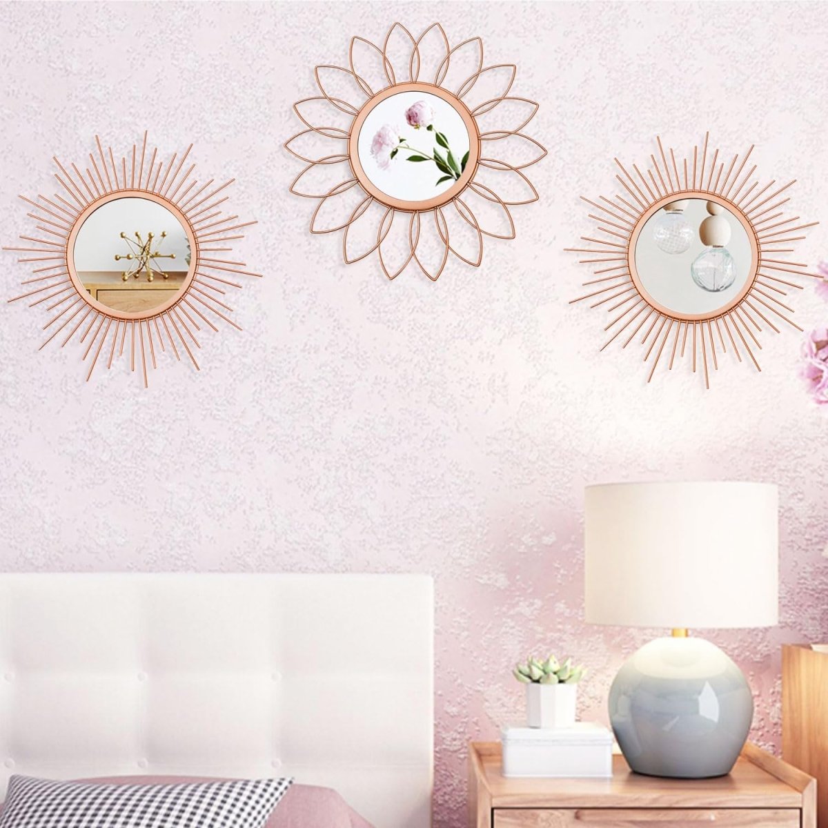 3 Pack Metal Mirrors for Wall Sunburst Wall Mirrors Home Décor Decorative Hanging Wall Art for Living Room Bedroom Entryway (Gold, Flower Sunburst) - Homesidy.com