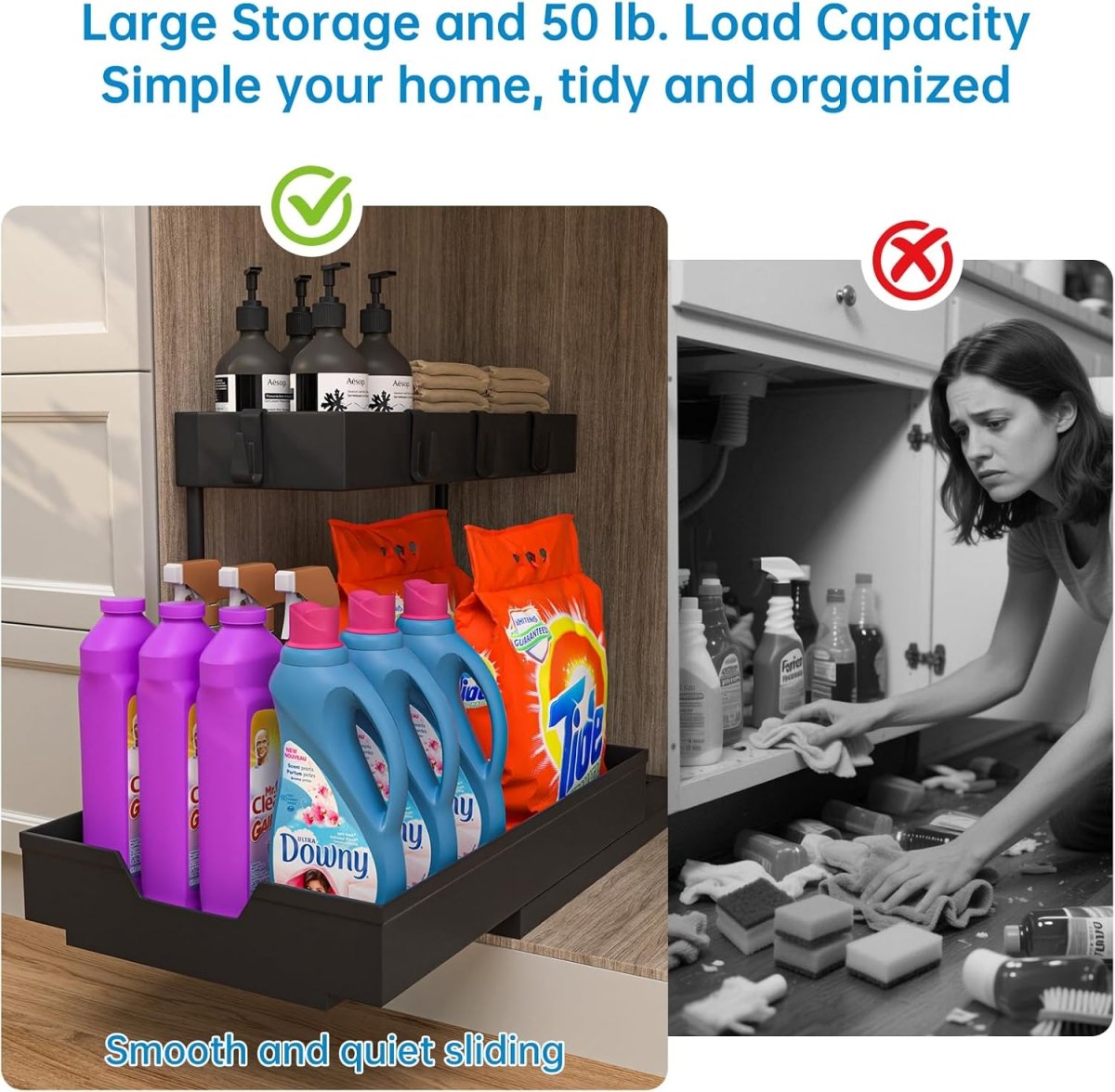 2 Pack Under Sink Organizer 2 Tier Sliding Cabinet Organizers Multi - Purpose Sink Storage Basket L - Shape Narrow Space Storage Shelves with 4 Hook for Kitchen Bathroom Drawer, Black - Homesidy.com