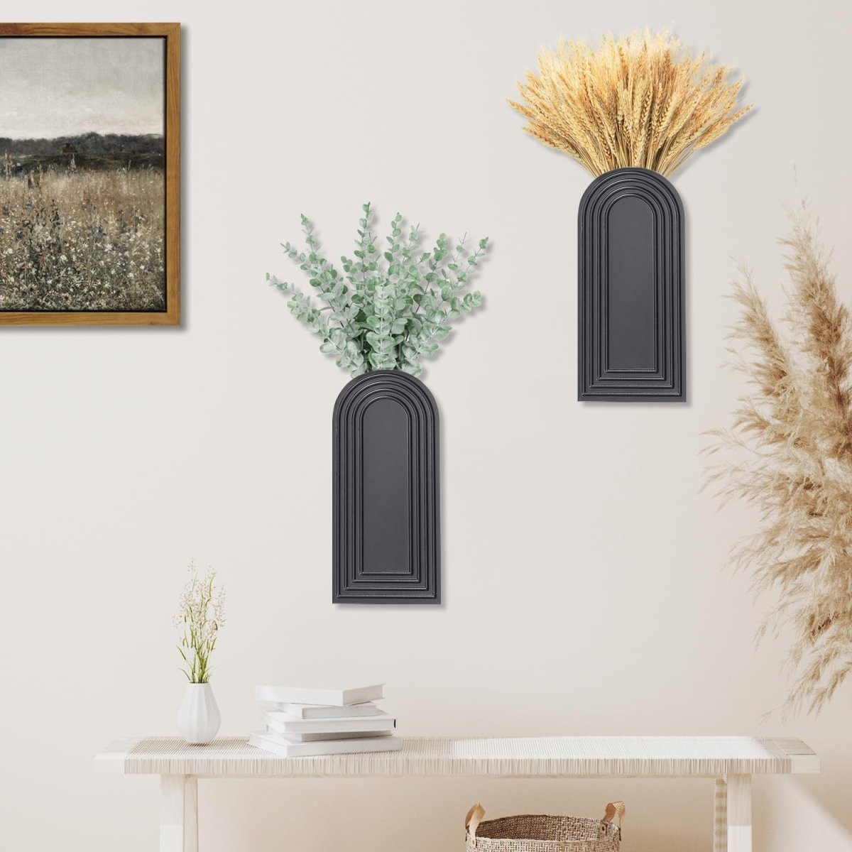 Dnnnii 2 Pack Wooden Wall Vase Set - Brown Finish Modern Farmhouse &amp; Boho Wall Decor for Entryway, Hallway, Bathroom, Living Room, Dining Room, Narrow Spaces - Homesidy.com