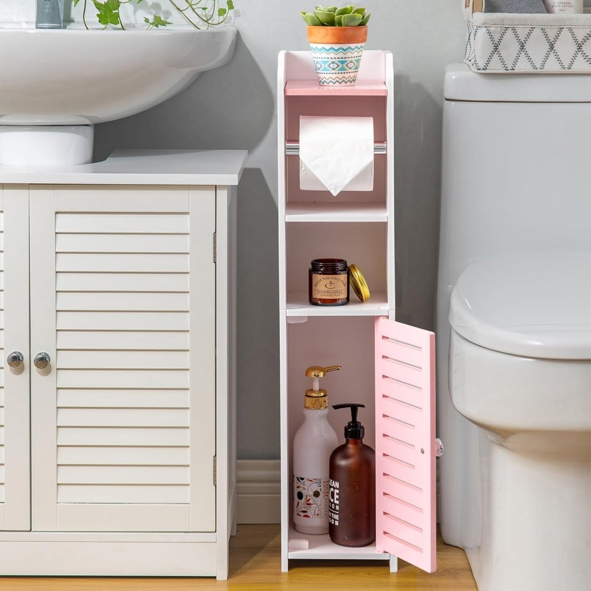 AOJEZOR Toilet Paper Holder Stand: No Drill PVC Small Bathroom Cabinet for Apartment Dwellers - Rental Deposit Protection - Small Space Storage Saving - Homesidy.com