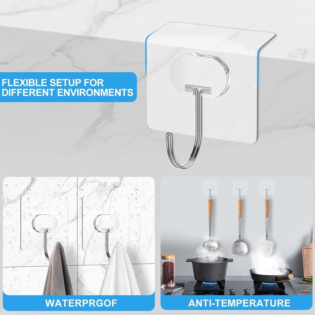 Adhesive Hooks for Hanging Heavy Duty Wall Hooks Self Adhesive Towel Coat Hooks Waterproof Transparent Hook for Bathroom Shower Kitchen Keys Door Outdoor Home Improvement Utility Hook 12 Pack - Homesidy.com