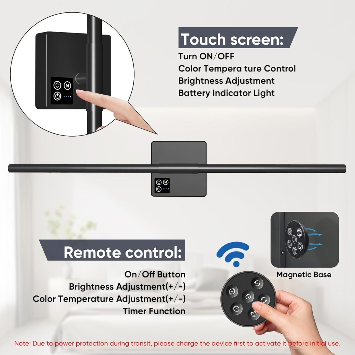 31in Wireless Wall Sconces Set of Two, [Creates Sunset Glow Ambiance] Dimmable 2700K–6000K with 8000mAh Battery &amp; Display, Touch/Remote Control, Rechargeable Wall Lamps for Home Decor – Black - Homesidy.com