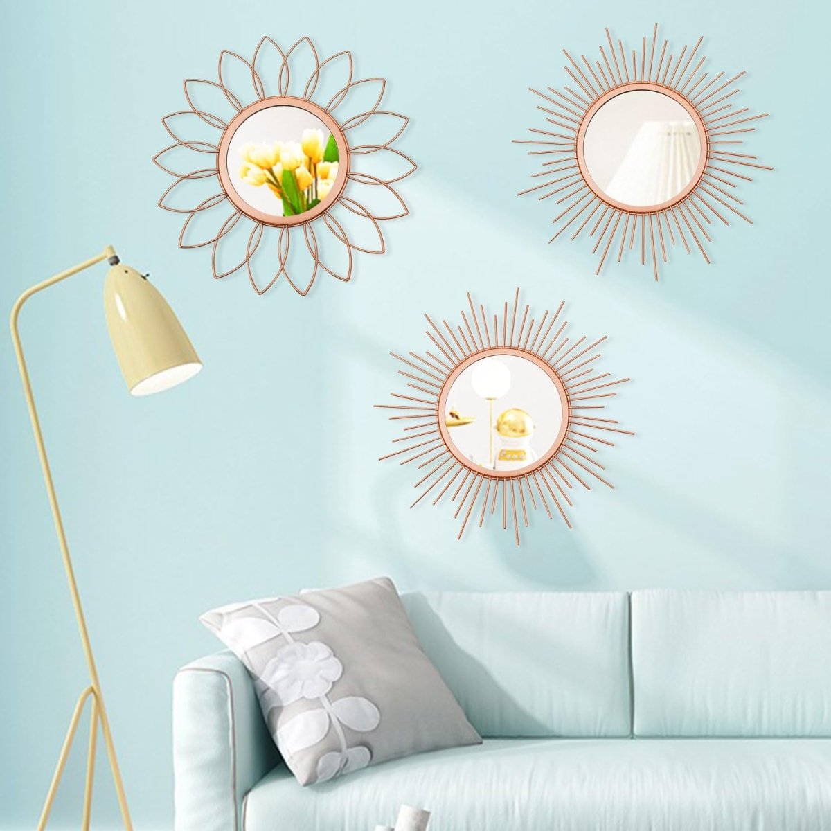 3 Pack Metal Mirrors for Wall Sunburst Wall Mirrors Home Décor Decorative Hanging Wall Art for Living Room Bedroom Entryway (Gold, Flower Sunburst) - Homesidy.com