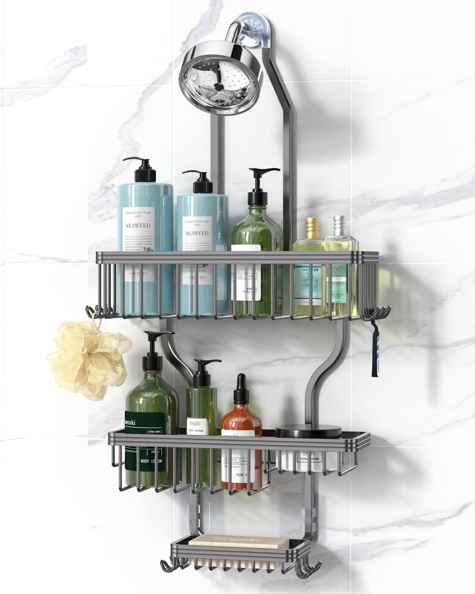YASONIC Shower Caddy Hanging - Never Rust Shower Organizer - Aluminum Over The Head Caddy with 10 Hooks for Razor/Sponge - Rack with Soap Basket - Silver - Homesidy.com